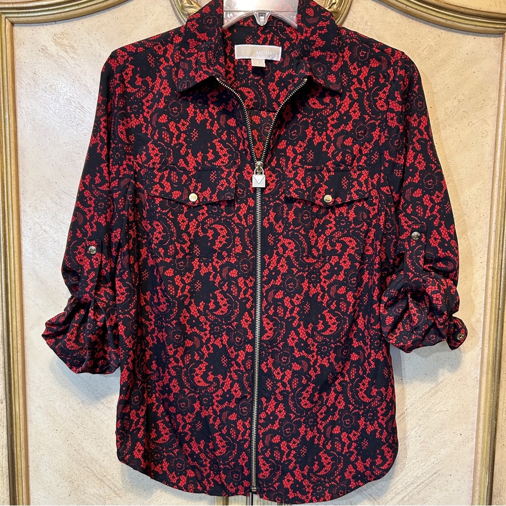 Michael Kors Red & Black Floral Lace Gold Zip Front Tab Sleeve Blouse NEW NWOT